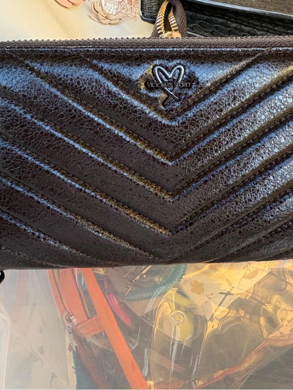 Victoria's Secret Black Chevron Quilted Patent Wristlet